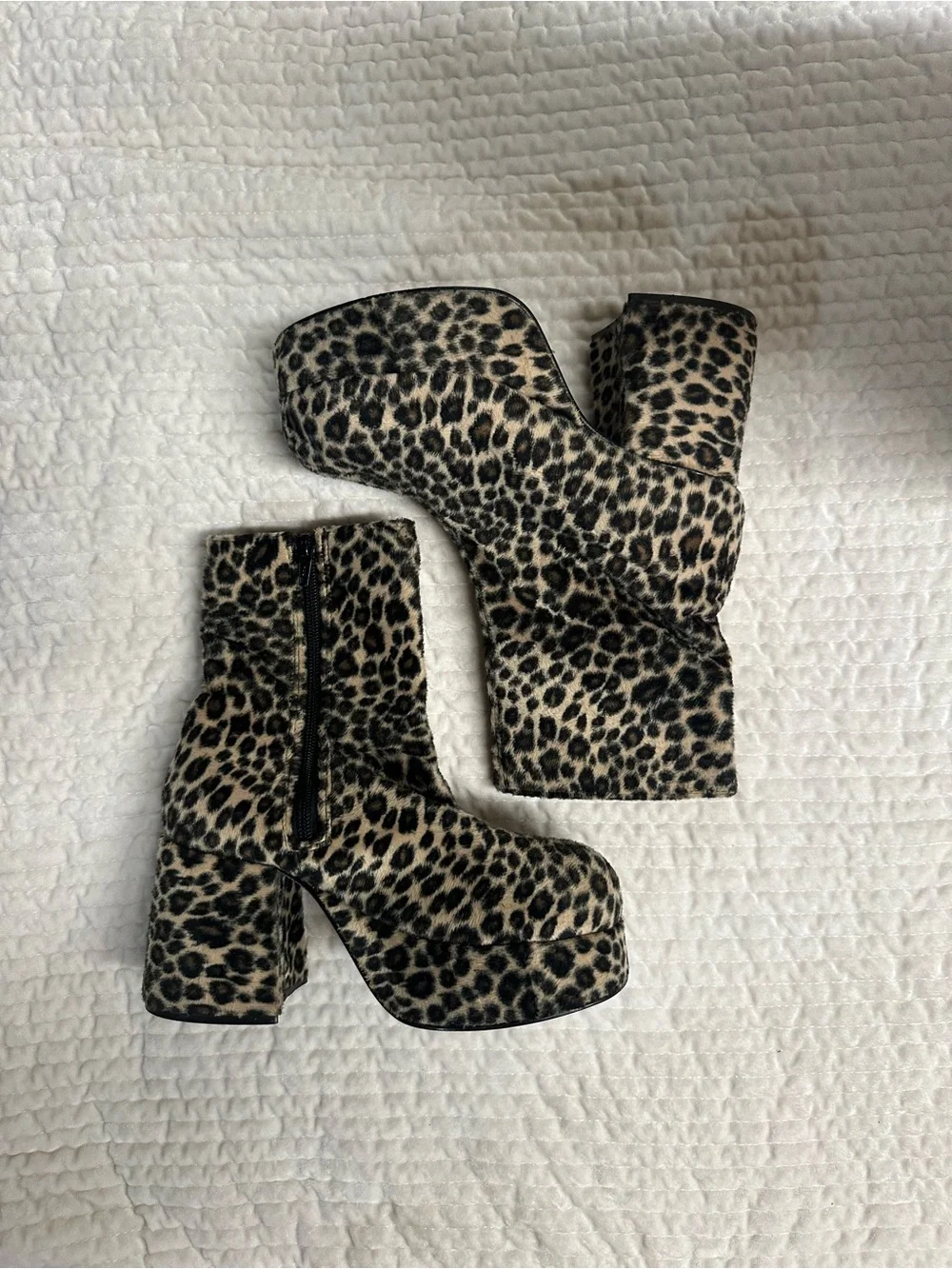Leopard Fuzzy Print Platform Ankle Boots